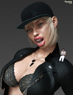 blonde large_breasts bra brunette posing short_hair sitting shrunken_man open_mouth jacket top arms_crossed baseball_cap no_background dog_tags digital_render open_jacket