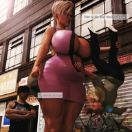 butt cleavage huge_breasts story dress short_hair looking_down outdoors grey_hair milf dialogue thick_thighs digital_render holding_upside_down