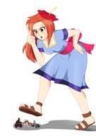 drawing crush feet color long_hair dress shrunken_men sandals foot_crush looking_down orange_hair imminent_crush no_background the_legend_of_zelda red-neptune ganondorf ghirahim zant flower_in_hair marin_(the_legend_of_zelda)