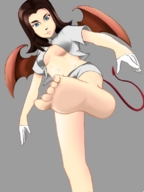 drawing crush feet tail wings barefoot cleavage soles brunette foot_crush shorts medium_length_hair looking_down point_of_view imminent_crush no_background