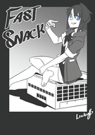 drawing giantess monochrome blue_eyes barefoot buildings short_hair sitting looking_at_viewer luckyb