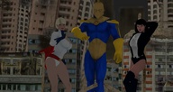 giantess city blonde black_hair large_breasts destruction giant cleavage couple gloves short_hair boots giantesses outdoors belt power_girl helmet skin_tight_clothes digital_render zatanna dc_comics dr._fate