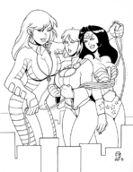 breasts drawing giantess city mega monochrome black_hair large_breasts long_hair cleavage giganta bondage callmepo giantesses outdoors wonder_woman belt leotard jumpsuit bracelet tiara power_girl lasso skin_tight_clothes zipper dc_comics