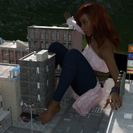 giantess city long_hair barefoot jeans red_hair surprised looking_down dark_skin outdoors bracelet cramped digital_render