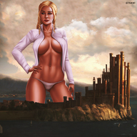 breasts drawing giantess panties mega blonde color large_breasts long_hair cleavage ocean castle hand queen outdoors hands_on_hips looking_away skimpy_clothing unbuttoned_shirt game_of_thrones daenerys_targaryen kings_landing