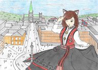 drawing giantess city long_hair buildings brunette posing fox_ears dress looking_down outdoors crowds norway