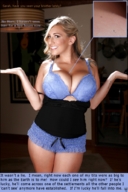 collage micro blonde large_breasts long_hair cleavage bra smiling story shrunken_man indoors on_breasts shrugging_shoulders incest