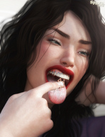 black_hair long_hair tongue shrunken_man looking_down open_mouth imminent_vore digital_render squinting pressed_against_tongue