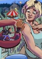 drawing giantess blonde clothed scared short_hair surprised looking_down top ferris_wheel teddy_bear mole carnival pulling_back