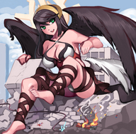 drawing giantess wings city black_hair color destruction barefoot buildings green_eyes blood sitting gareit0