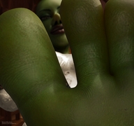 toes barefoot soles shrunken_man world_of_warcraft indoors looking_at_viewer commission jetslasher goblin green_skin looking_at_tiny digital_render lassic foreshortening