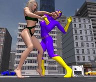 giantess city blonde long_hair barefoot gloves boots fighting giantesses outdoors belt skimpy_clothing digital_render punching skintight_clothing