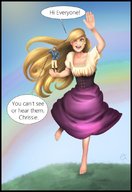 blonde long_hair clothed handheld barefoot skirt dress shrunken_man open_mouth outdoors corset in_hand waving rainbow dialogue low_cut square_neck rawing