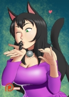 drawing gentle giantess black_hair color green_eyes kissing cat_girl lillian winking looking_at_tiny spokle on_palm evalia