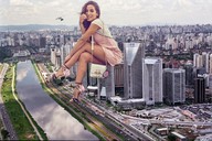 giantess collage city high_heels buildings brunette sitting legs airplane streets vehicles looking_at_viewer anitta