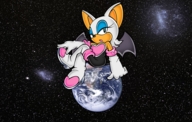 giantess furry giga wings anthro space large_breasts bat cleavage drawing_collage gloves boots sitting rouge_the_bat stars legs_crossed eyeshadow