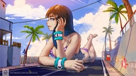 drawing giantess color swimsuit barefoot brunette lying_down streets sky palm_trees bikinis sunbathing aurahack