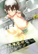 drawing giantess nude color large_breasts brunette short_hair unknown_artist sitting indoors source_needed in_water kantai_collection admiral
