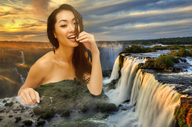 giantess collage waterfall smiling asian hand sky sunset looking_at_viewer redcoffee1