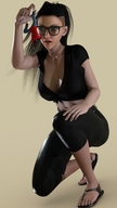 black_hair long_hair clothed cleavage glasses sandals belly shrunken_man pants no_background digital_render low_cut undercut