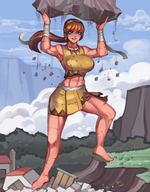 drawing giantess mega color large_breasts long_hair destruction blue_eyes barefoot skirt red_hair ponytail muscles belly lifting outdoors ripped_clothing running_away tmnt teenage_mutant_ninja_turtles april_oneil bare_midriff