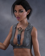 black_hair clothed short_hair dark_skin leaning_back no_background skimpy_clothing digital_render lips_parted between_breasts