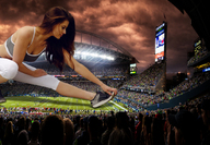 breasts giantess collage long_hair cleavage stadium leggings crouching stretching top bystanders redcoffee1 running_shoes