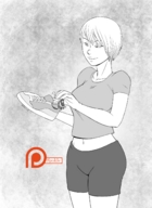 drawing giantess monochrome belly shorts sneakers lucy looking_at_tiny spokle
