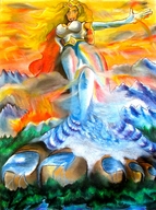 drawing giantess mega blonde color large_breasts long_hair barefoot cleavage waterfall dress crown rpm1000 nail_polish cape rainbow