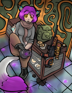 drawing crush micro color purple_hair blood cat_ears yellow_eyes boots foot_crush foot_print boot shrunken_person anirusfere backpack glowing scarf mspaintgts rifle purple_blood tread kiera mek destroyer_silhouette kiera_rovanoe