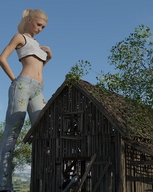 giantess blonde long_hair jeans ponytail belly barn looking_down outdoors top torn_jeans digital_render