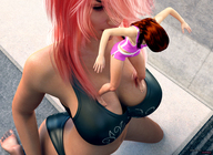 giantess panties large_breasts long_hair cleavage pink_hair red_hair kneeling shorts looking_down balancing top sports_bra digital_render