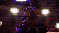 long_hair cleavage huge_breasts mini_giantess wrestling looming shrunken_woman looking_down mask standing impending_doom redfiredog digital_render skintight_clothing