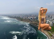 bikini giantess collage city mega blonde long_hair beach barefoot cleavage ocean buildings squatting looking_at_viewer