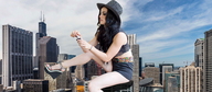 giantess collage black_hair long_hair destruction sitting shorts nail_polish bracelet cowboy_hat pale_skin