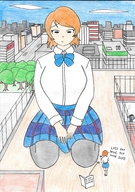 drawing giantess city color skirt socks short_hair sitting looking_down outdoors dialogue orange_hair