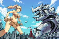 breasts drawing giantess city mega blonde color large_breasts long_hair robot destruction bra skirt blimp ponytail fighting outdoors tokyo_tower skimpy_clothing makeshift_clothing