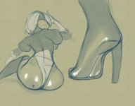 drawing white_hair monochrome butt in_shoe short_hair sitting boot pinned under_foot leotard blindfold no_background kononiko nier_automata 2b
