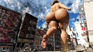 giantess crush nude city blonde long_hair butt destruction blood foot_crush walking outdoors stuck_to_foot behind_view debris thick_thighs digital_render dinner-kun