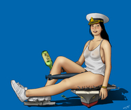 drawing giantess blushing black_hair color long_hair destruction cleavage nipping smiling sitting bottle sneakers hat top no_background low_cut spuski