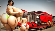 bikini butt huge_breasts brunette topless lying_down short_hair mini_giantess pool outdoors umbrella thick_thighs digital_render dinner-kun lounge_chair