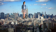 giantess city mega long_hair destruction skirt helicopter brunette ponytail smoke outdoors parachute jacket new_york_city bracelet empire_state_building