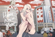 drawing giantess nude city blonde blue_eyes barefoot smiling sitting japan streets vehicles clouds sky pedestrians between_buildings happy_new_year red_sky