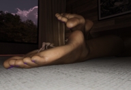 blonde barefoot soles bed lying_down short_hair crawling unaware shrunken_woman dark_skin nail_polish on_sole digital_render talkinghead0