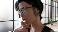 nude tongue licking handheld glasses saliva shrunken_man close_up open_mouth closed_eyes spawngts necklace earrings plants digital_render bald