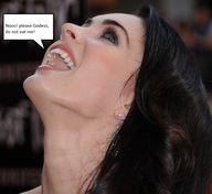 collage black_hair long_hair shrunken_man open_mouth earrings dialogue megan_fox imminent_vore