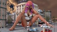 giantess panties city barefoot cleavage pink_hair sitting vehicles outdoors top bracelet legs_spread digital_render low_cut