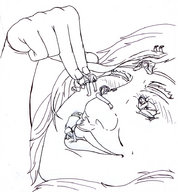 drawing giantess blushing sleeping monochrome smiling lying_down kissing medium_length_hair hugging between_fingers closed_eyes on_face mainthegap
