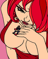 drawing large_breasts long_hair clothed red_hair shrunken_man looking_down nail_polish no_background skimpy_clothing mainthegap between_breasts