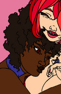 drawing large_breasts handheld cleavage brunette red_hair short_hair lesbians shrunken_man hugging dark_skin curly_hair choker no_background mainthegap pursed_lips on_fingers